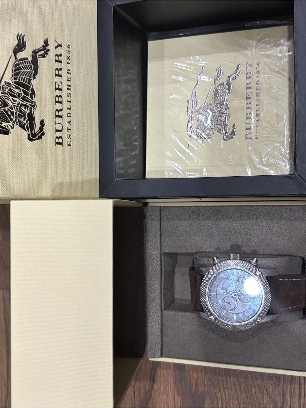 Burberry Silver Dial Men's Chronograph Watch AFT Brown suede Strap NEEDS BATTERY